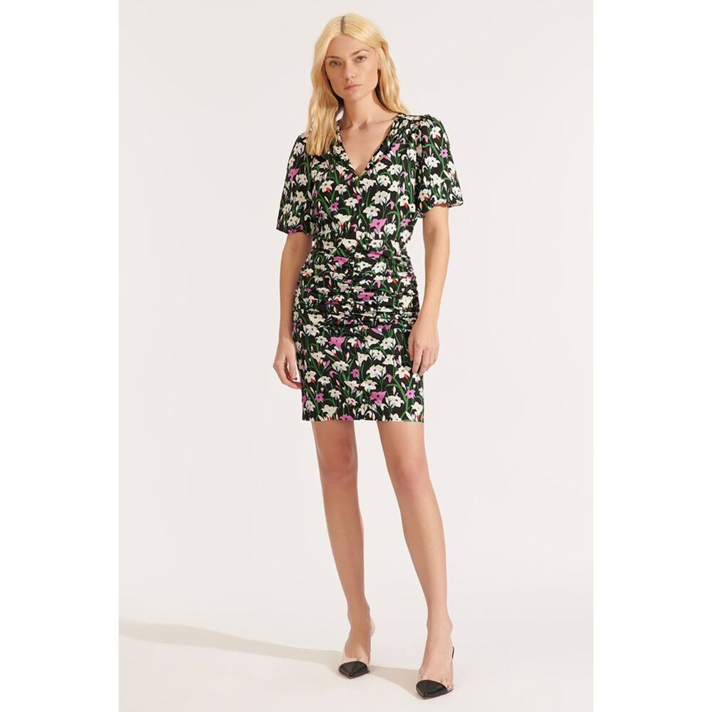 Veronica Beard Janis Ruched Floral Mini Dress Short Sleeves Resort Multicolor 14
